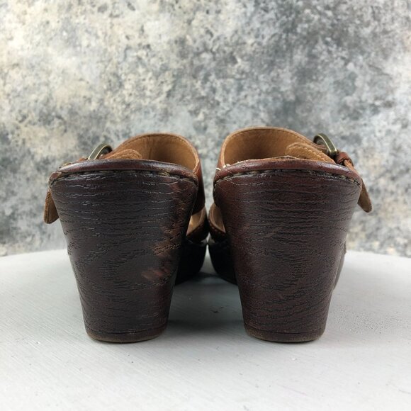 Born Women's 7 Tinari Brown Leather Open Toe Buckle Slip On High Heel Sandals - Picture 7 of 16